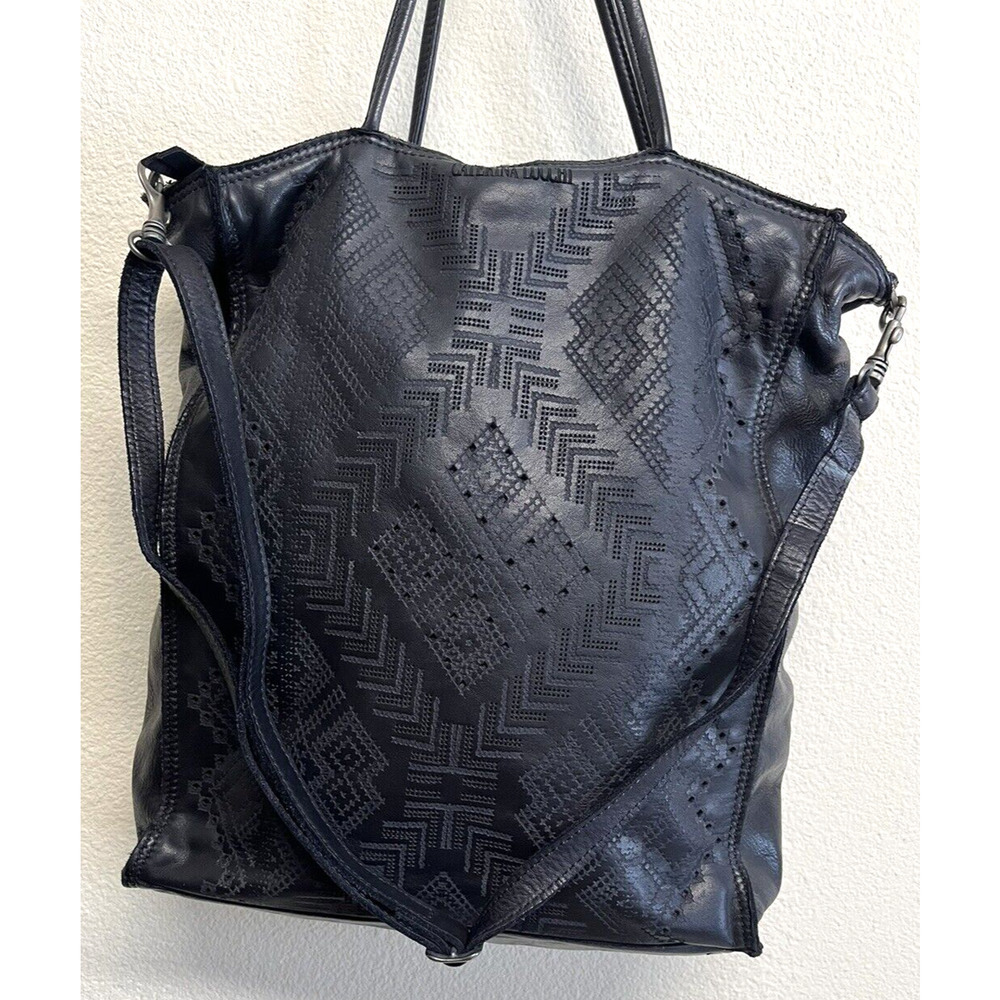 Caterina Lucchi Black Leather Handbag Crossbody Purse Tote Large Laser Cut